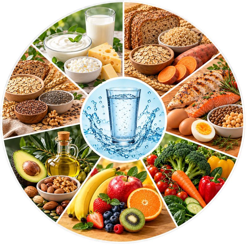 Dengeli beslenme tabağı: tahıllar, süt ürünleri, protein, sebze, meyve, sağlıklı yağlar ve su